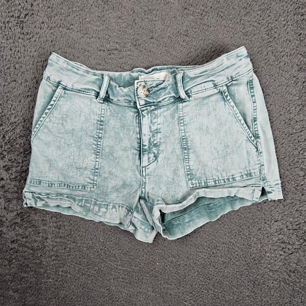 BKE Womens Size 25 Acid Wash Teal Green Denim Stretch Cuffed Shorts 4-Pocket